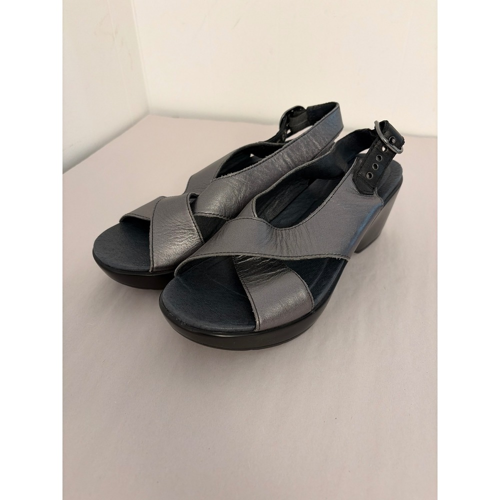 Dansko Slingback Sandals Women 37 Pewter Metallic Wedge 970297 Leather Peep Toe